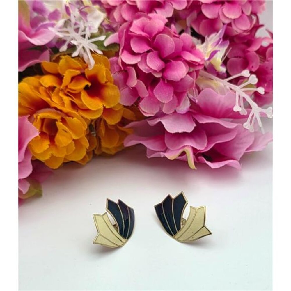 L Botto Enamel Earrings Gold Tone Blue Cream Fan Leaf Retro Vintage 34mm